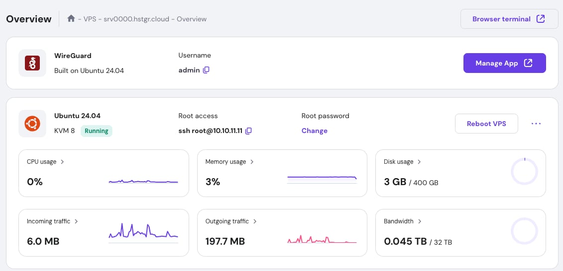 How to Use the WireGuard VPS Template wg-easy access from VPS dashboard