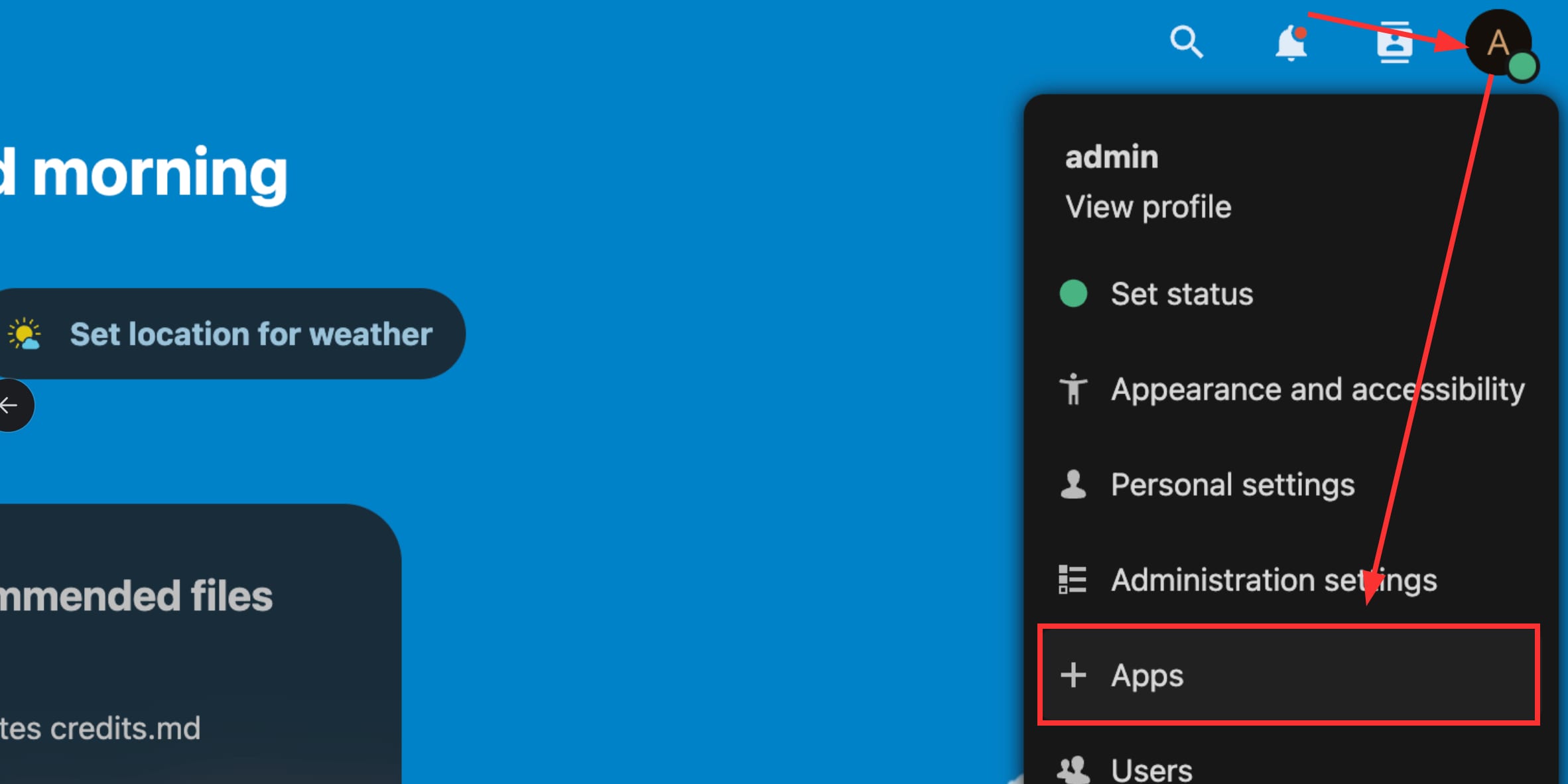 How to Use the Nextcloud VPS Template The Apps menu in Nextcloud