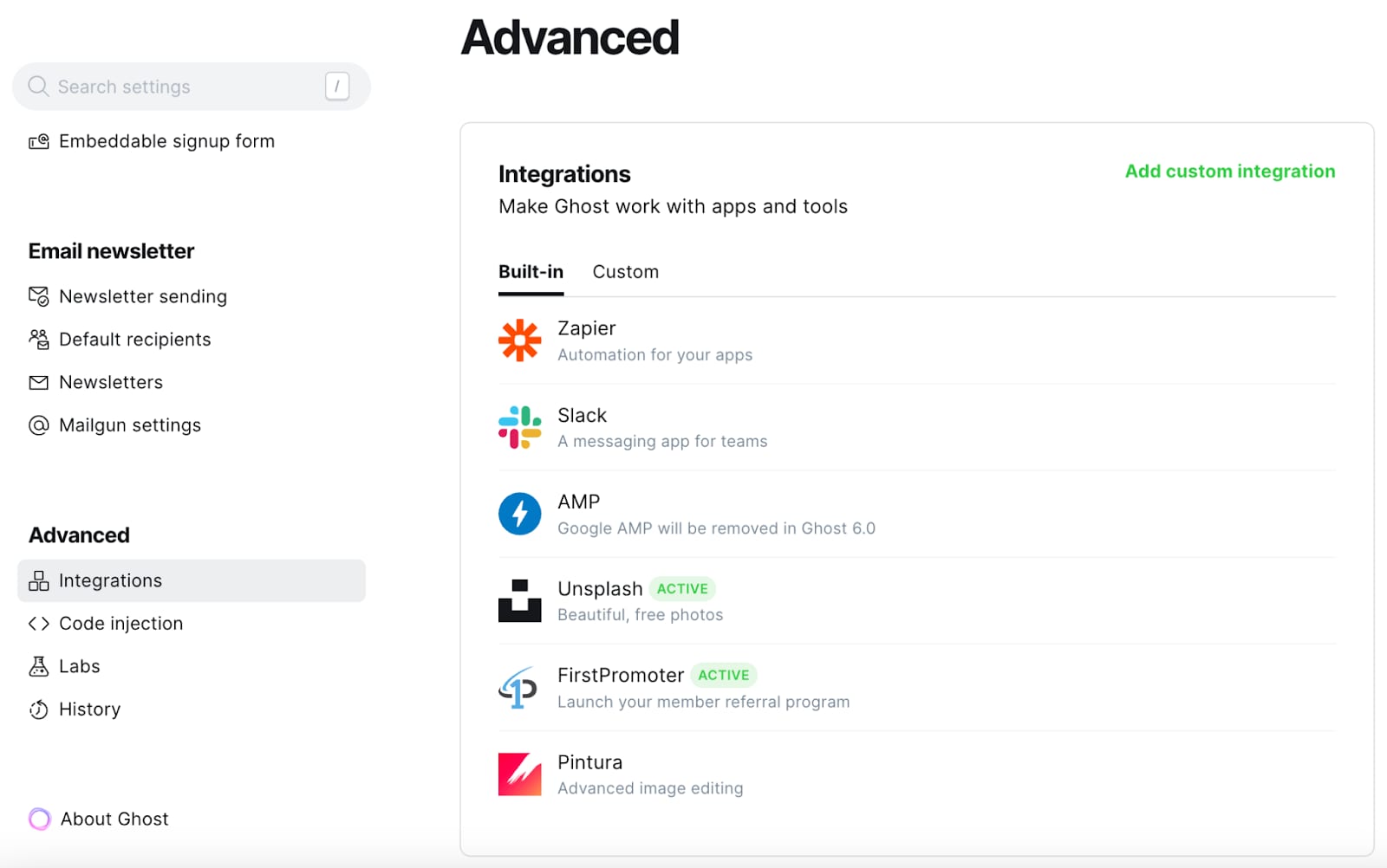 How to Use the Ghost VPS Template The integration settings in Ghost
