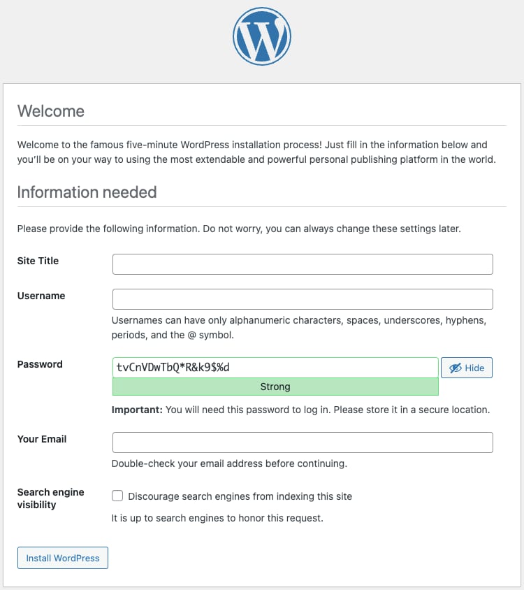 How to Use the KUSANAGI VPS Template WordPress setup window