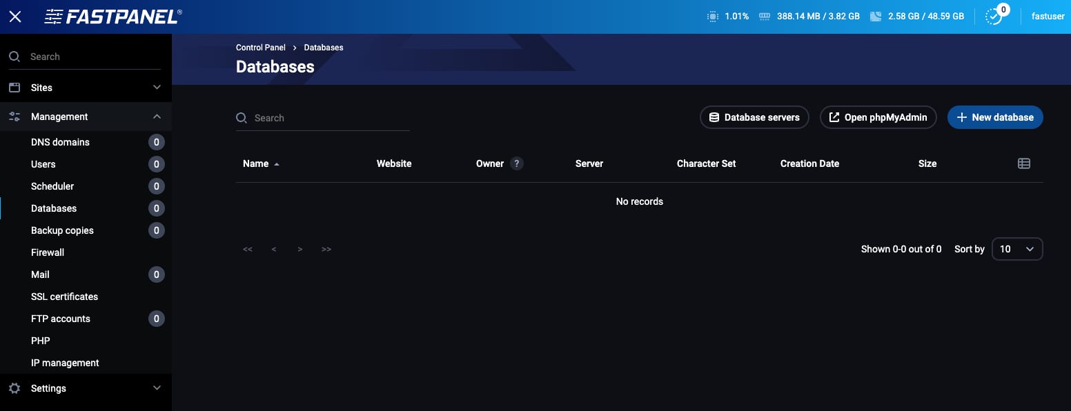 How to Use the FASTPANEL VPS Template The FASTPANEL database management page