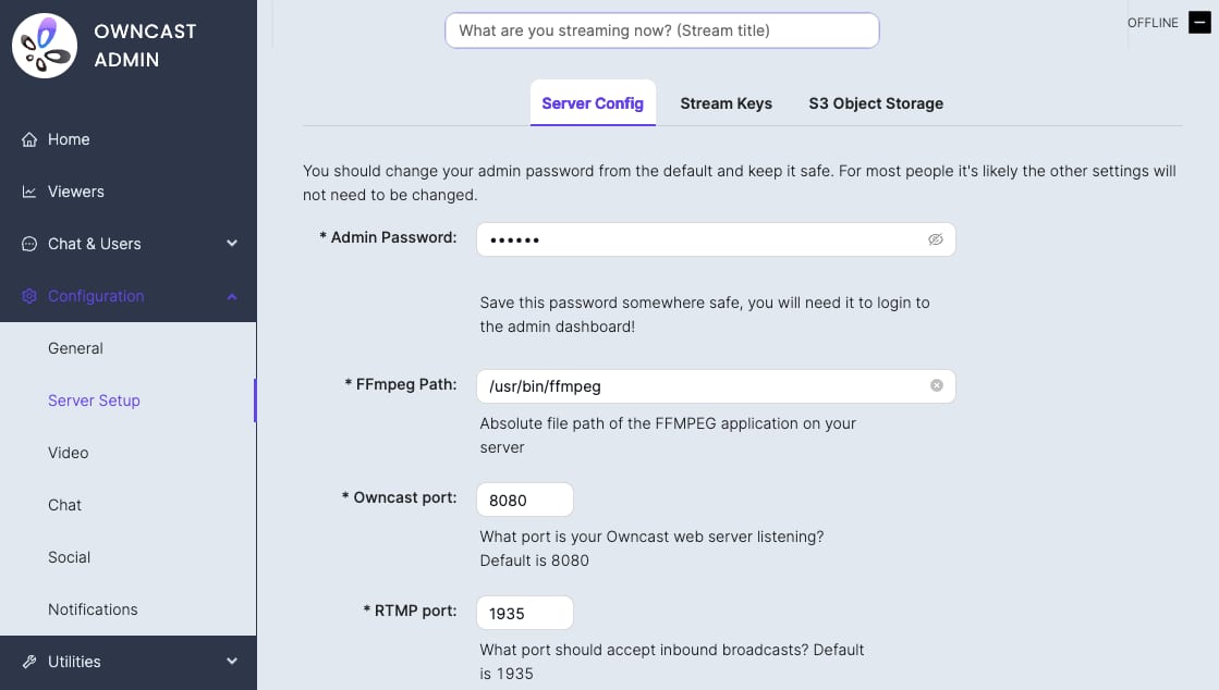 How to Use the Owncast VPS Template The Owncast configuration, server setup page showing the options in the server config tab