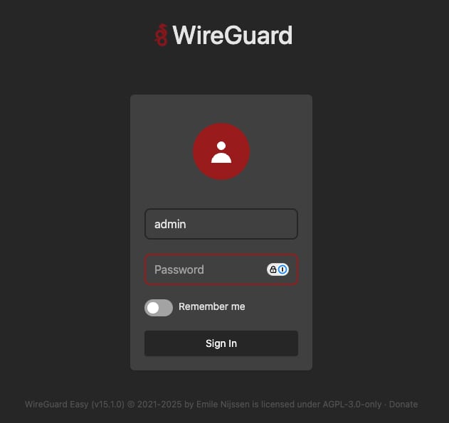 How to Use the WireGuard VPS Template wg-easy login screen