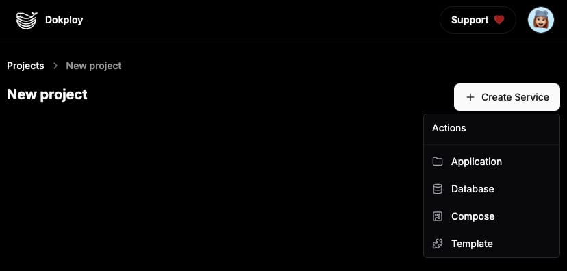 How to Use the Dokploy VPS Template The Dokploy New Project options after clicking on Create Service.