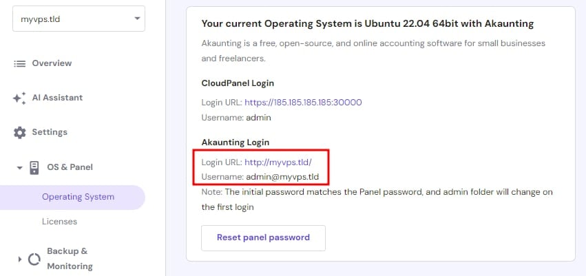 How to Use the Akaunting VPS Template The hPanel VPS Operating System section showing the Akaunting login URL and username