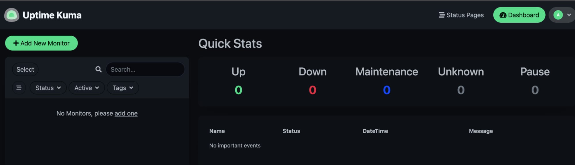 How to Use the Uptime Kuma VPS Template The Uptime Kuma main dashboard.